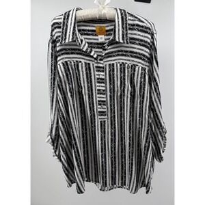 Ruby Rd Woman 2X Striped Button Front Top Balck White Rayon 3/4 Sleeve